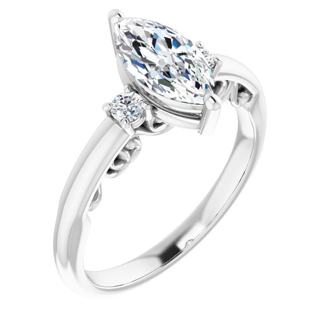 10K White Gold Customizable Marquise Cut 3-stone Style featuring Heart-Motif Band Enhancement