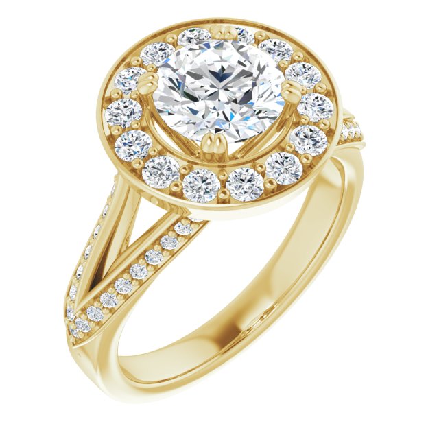 10K Yellow Gold Customizable Round Cut Center with Large-Accented Halo and Split Shared Prong Band
