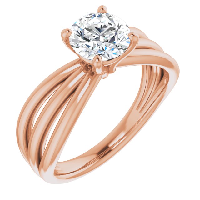 10K Rose Gold Customizable Round Cut Solitaire Design with Wide, Ribboned Split-band