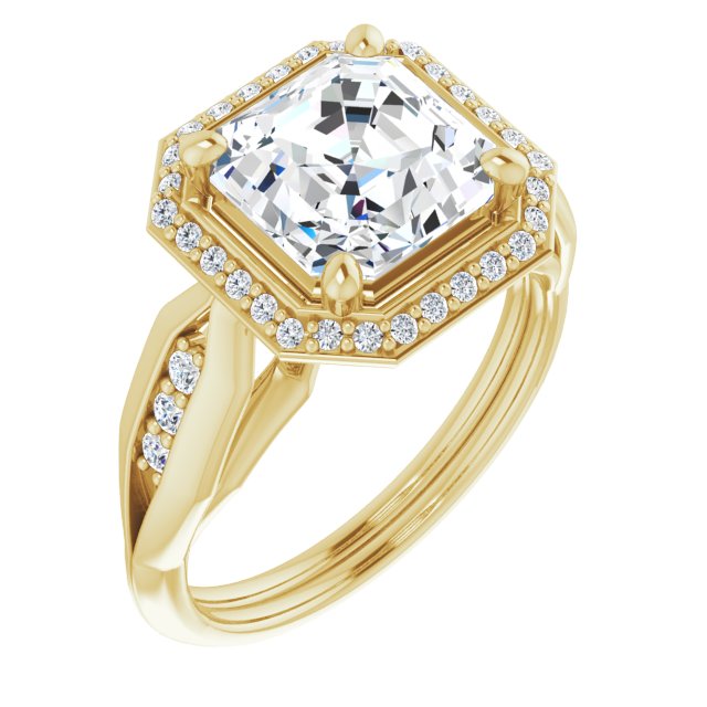 10K Yellow Gold Customizable Cathedral-raised Asscher Cut Design with Halo and Tri-Cluster Band Accents