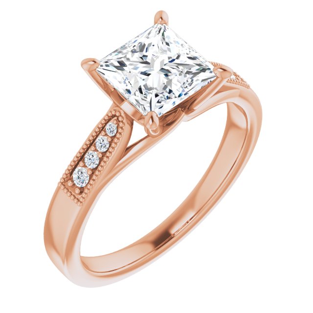 10K Rose Gold Customizable 9-stone Vintage Design with Princess/Square Cut Center and Round Band Accents