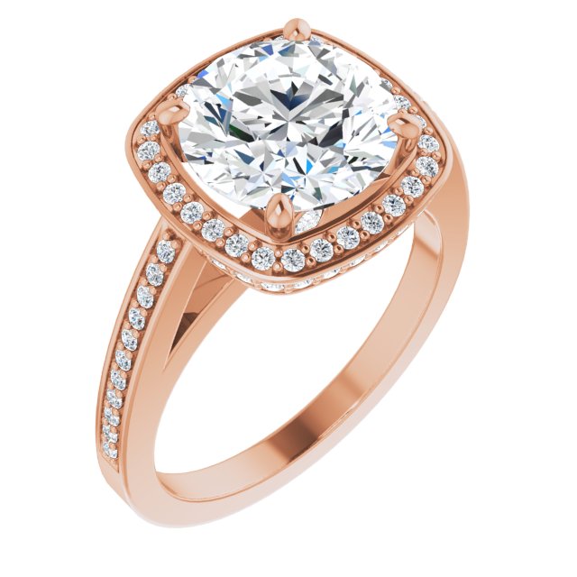 14K Rose Gold Customizable Cathedral-set Round Cut Design with Halo, Thin Pavé Band & Round-Bezel Peekaboos