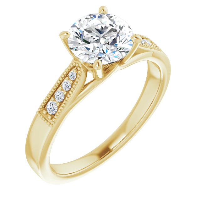 10K Yellow Gold Customizable 9-stone Vintage Design with Round Cut Center and Round Band Accents