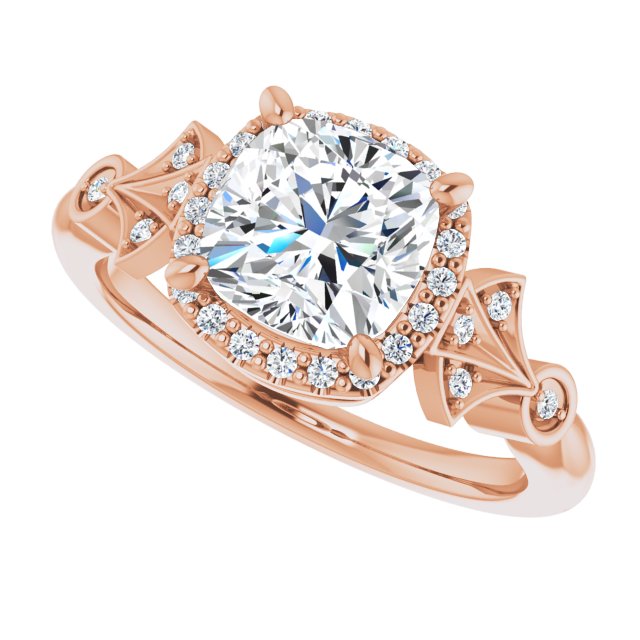 Cubic Zirconia Engagement Ring- The Zhee (Customizable Cathedral-Crown Cushion Cut Design with Halo and Scalloped Side Stones)