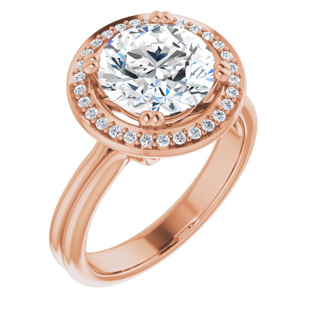 18K Rose Gold Customizable Round Cut Style with Scooped Halo and Grooved Band