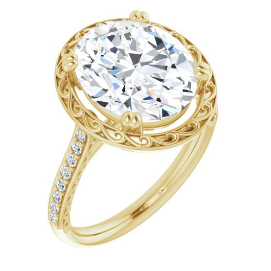 10K Yellow Gold Customizable Oval Cut Halo Design with Filigree and Accented Band