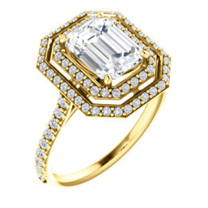 Cubic Zirconia Engagement Ring- The Alisa (Customizable Emerald Cut with Geometric Double Halo)