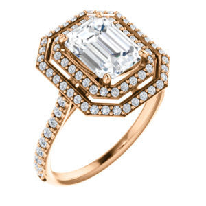 Cubic Zirconia Engagement Ring- The Alisa (Customizable Emerald Cut with Geometric Double Halo)