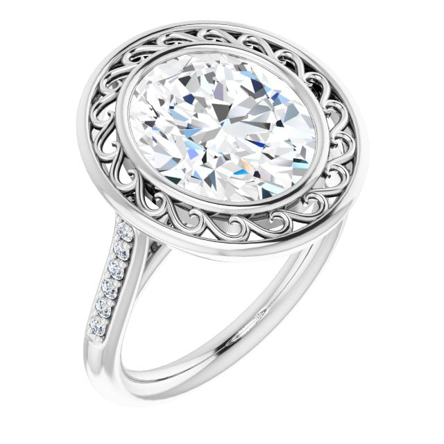 10K White Gold Customizable Cathedral-Bezel Oval Cut Design with Floral Filigree and Thin Shared Prong Band