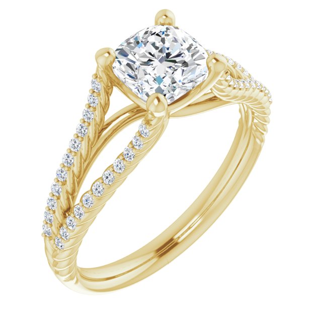 10K Yellow Gold Customizable Cushion Cut Style with Split Band and Rope-Pavé