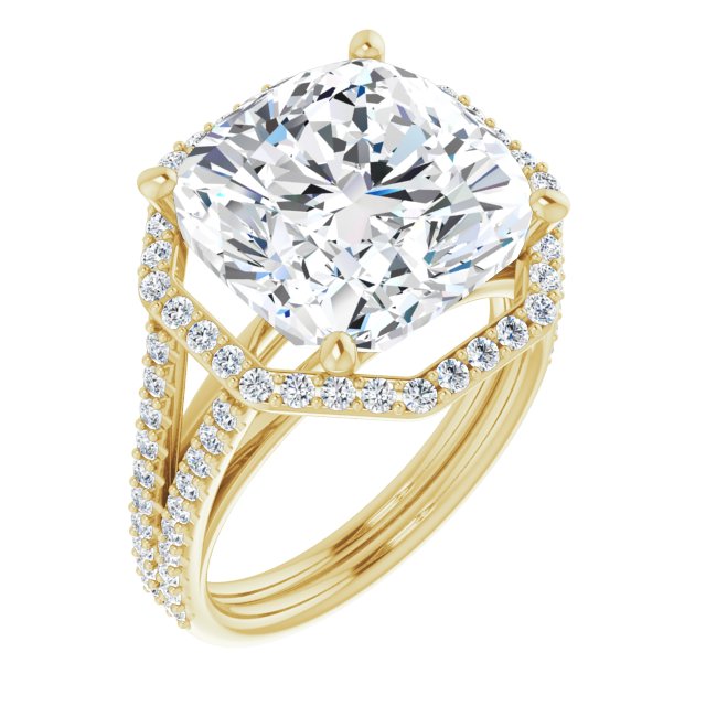 10K Yellow Gold Customizable Cathedral Cushion Cut Design with Geometric Halo & Split Pavé Band