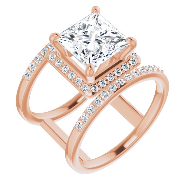 10K Rose Gold Customizable Princess/Square Cut Halo Design with Open, Ultrawide Harness Double Pavé Band