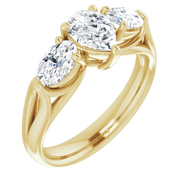 10K Yellow Gold Customizable Cathedral-set 3-stone Pear Cut Style with Dual Oval Cut Accents & Wide Split Band