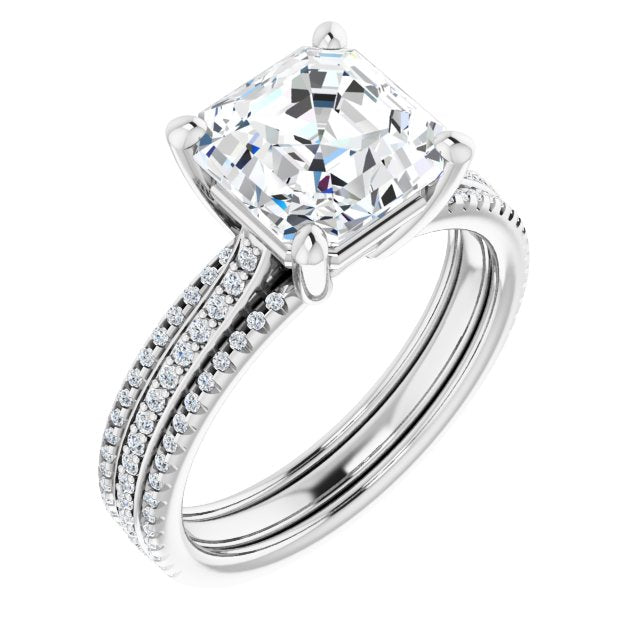 10K White Gold Customizable Asscher Cut Center with Wide Pavé Accented Band
