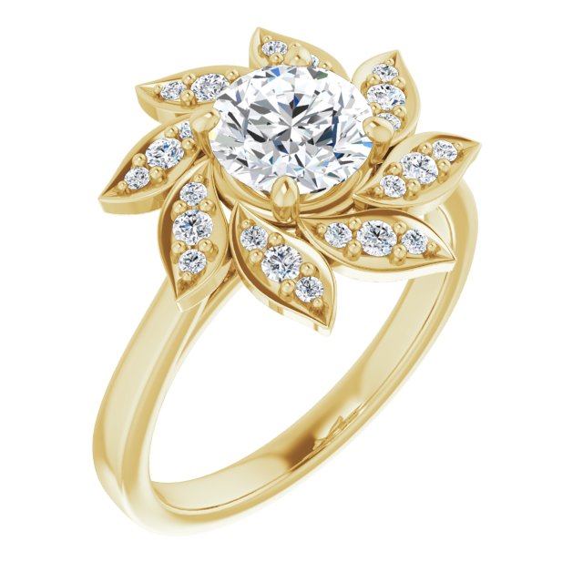 10K Yellow Gold Customizable Round Cut Design with Artisan Floral Halo
