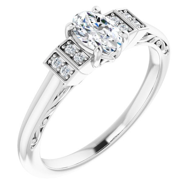 10K White Gold Customizable Engraved Design with Oval Cut Center and Perpendicular Band Accents
