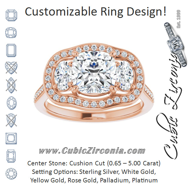 Cubic Zirconia Engagement Ring- The Dulce (Customizable Cushion Cut Style with Oval Cut Accents, 3-stone Halo & Thin Shared Prong Band)