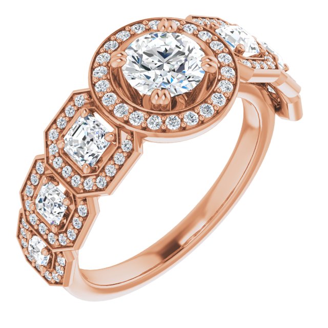 10K Rose Gold Customizable Cathedral-Halo Round Cut Design with Six Halo-surrounded Asscher Cut Accents and Ultra-wide Band