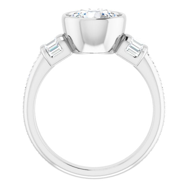 Cubic Zirconia Engagement Ring- The Danna (Customizable Cathedral-Bezel Round Cut Style with Horizontal Baguettes & Shared Prong Band)