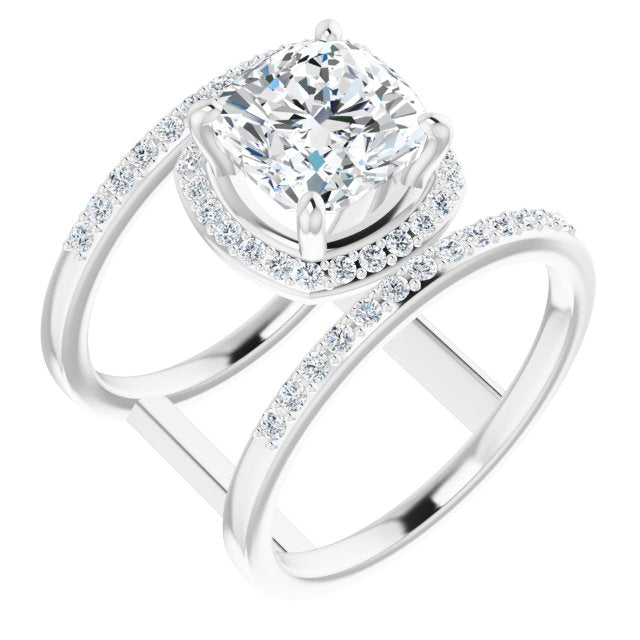 10K White Gold Customizable Cushion Cut Halo Design with Open, Ultrawide Harness Double Pavé Band