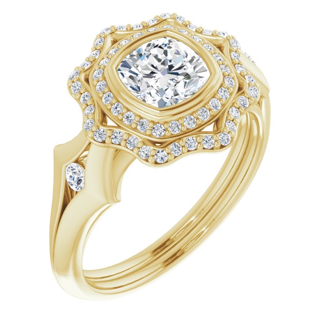 10K Yellow Gold Customizable Cathedral-bezel Cushion Cut Design with Floral Double Halo and Channel-Accented Split Band