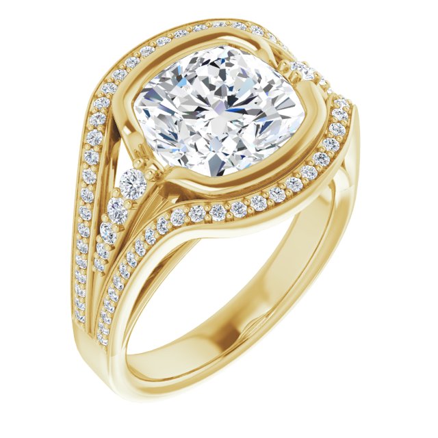 10K Yellow Gold Customizable Cathedral-Bezel Cushion Cut Design with Wide Triple-Split-Pavé Band