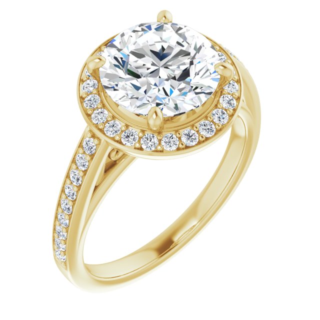 14K Yellow Gold Customizable Round Cut Style with Halo and Sculptural Trellis