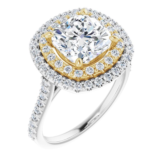 14K White & Yellow Gold Customizable Double-Halo Cushion Cut Design with Accented Split Band