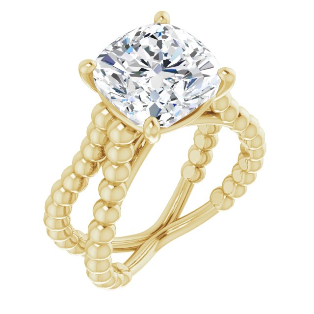 10K Yellow Gold Customizable Cushion Cut Solitaire with Wide Beaded Split-Band