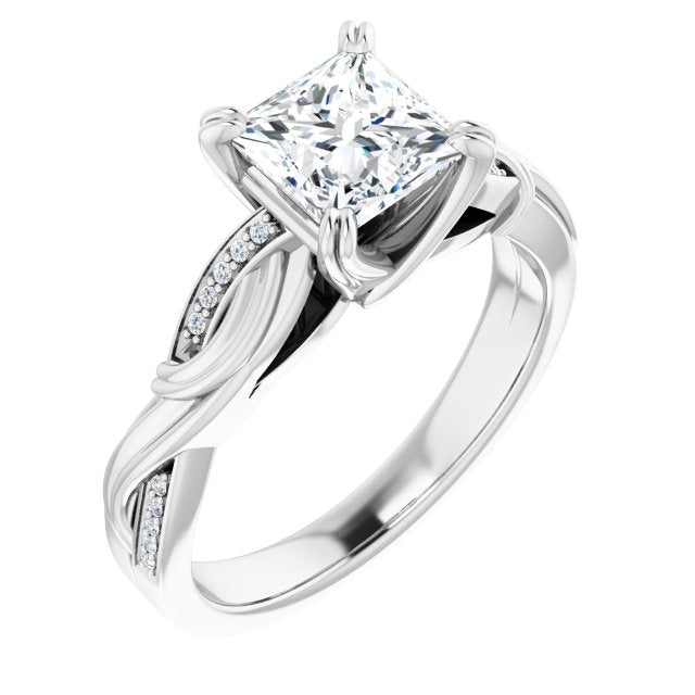 10K White Gold Customizable Cathedral-raised Princess/Square Cut Design featuring Rope-Braided Half-Pavé Band