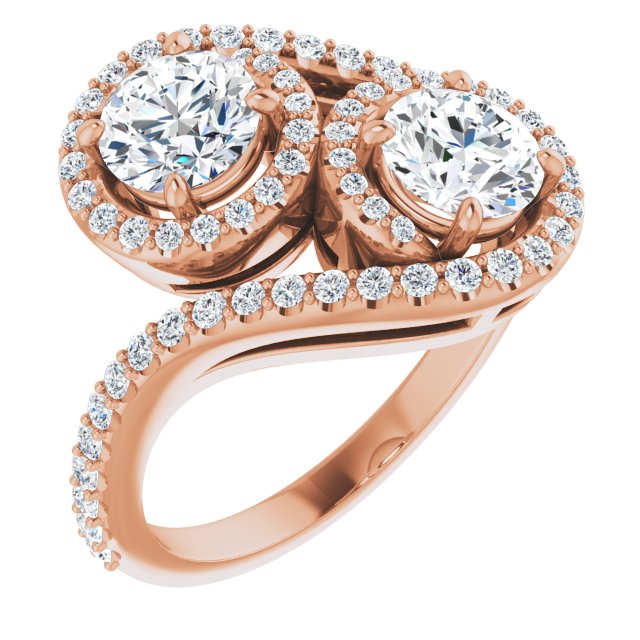 10K Rose Gold Customizable Double Round Cut 2-Stone Style Enhanced with Accented Artisan Bypass Band