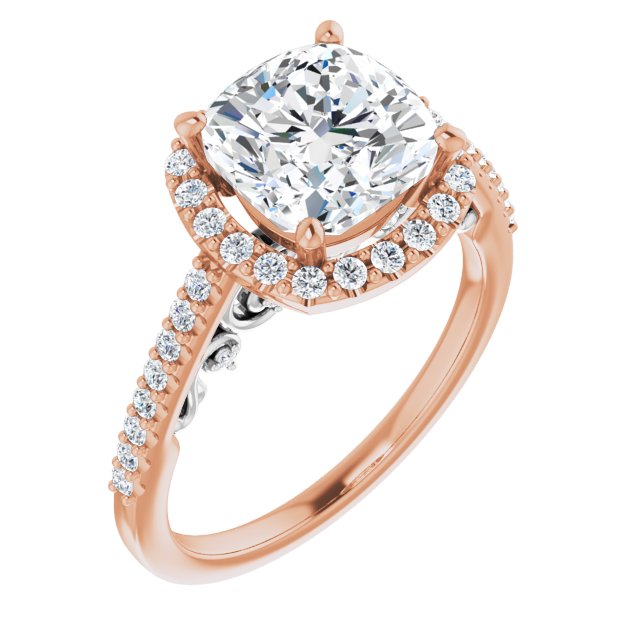 14K Rose & White Gold Customizable Cathedral-Halo Cushion Cut Design with Carved Metal Accent plus Pavé Band