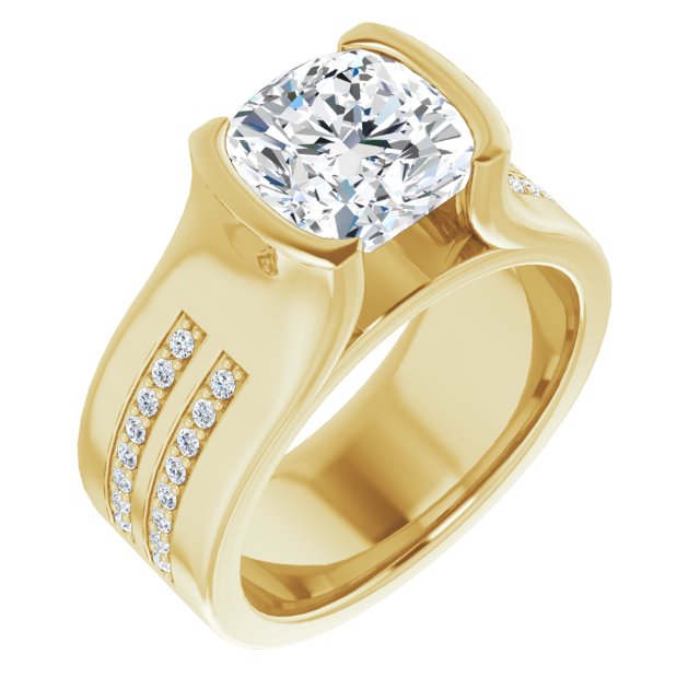 10K Yellow Gold Customizable Bezel-set Cushion Cut Design with Thick Band featuring Double-Row Shared Prong Accents