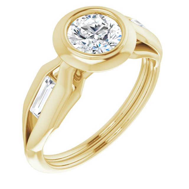 10K Yellow Gold Customizable Bezel-set Round Cut Design with Wide Split Band & Tension-Channel Baguette Accents