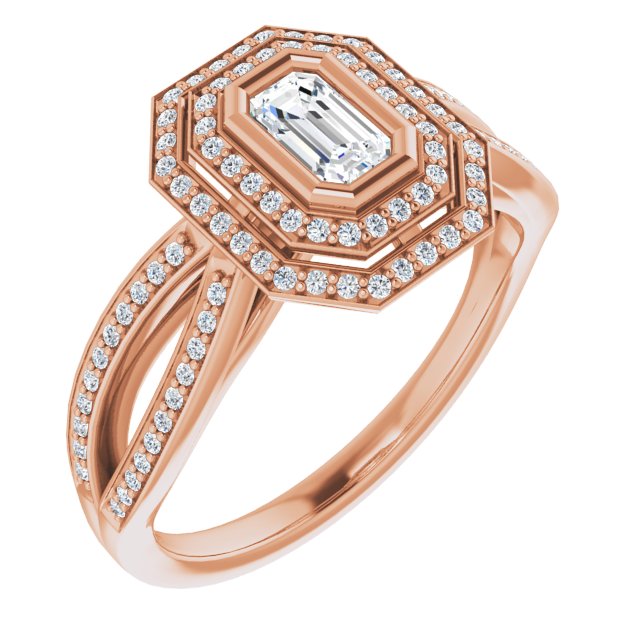 10K Rose Gold Customizable Bezel-set Emerald/Radiant Cut Style with Double Halo and Split Shared Prong Band