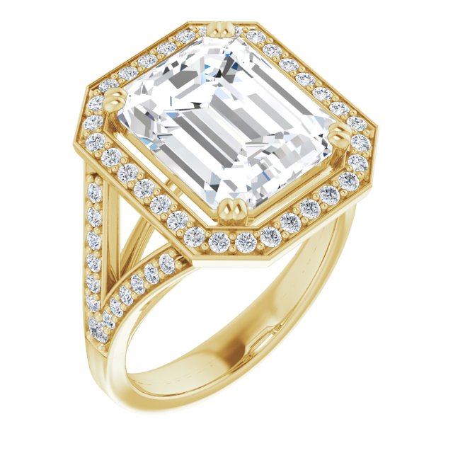 10K Yellow Gold Customizable Cathedral-set Emerald/Radiant Cut Style with Accented Split Band and Halo