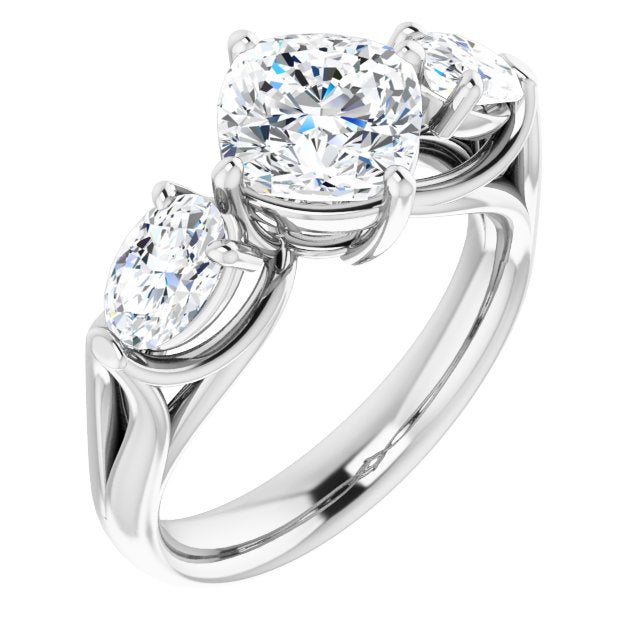 Cubic Zirconia Engagement Ring- The Alondra (Customizable Cathedral-set 3-stone Cushion Cut Style with Dual Oval Cut Accents & Wide Split Band)