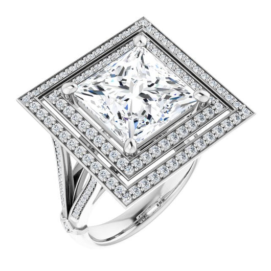 10K White Gold Customizable Cathedral-set Princess/Square Cut Design with Double Halo, Wide Split-Shared Prong Band and Side Knuckle Accents