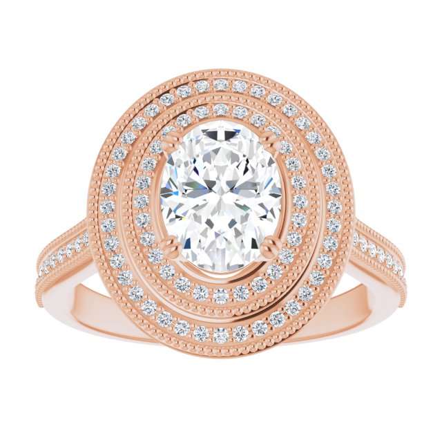 Cubic Zirconia Engagement Ring- The Aubriella (Customizable Oval Cut Design with Elegant Double Halo, Houndstooth Milgrain and Band-Channel Accents)