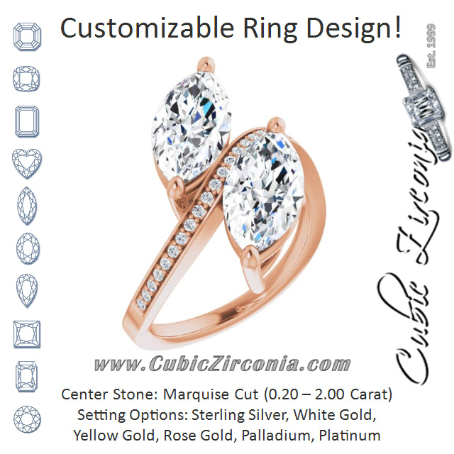 Cubic Zirconia Engagement Ring- The Ellie (Customizable 2-stone Marquise Cut Bypass Design with Thin Twisting Shared Prong Band)