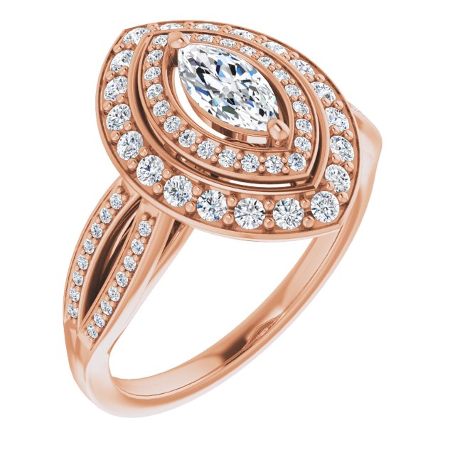 10K Rose Gold Customizable Cathedral-style Marquise Cut Design with Double Halo & Split-Pavé Band
