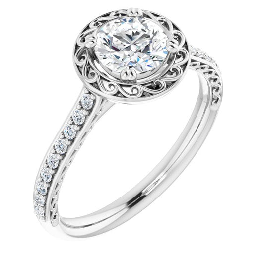 10K White Gold Customizable Round Cut Halo Design with Filigree and Accented Band
