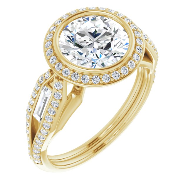 18K Yellow Gold Customizable Cathedral-Bezel Round Cut Design with Halo, Split-Pavé Band & Channel Baguettes