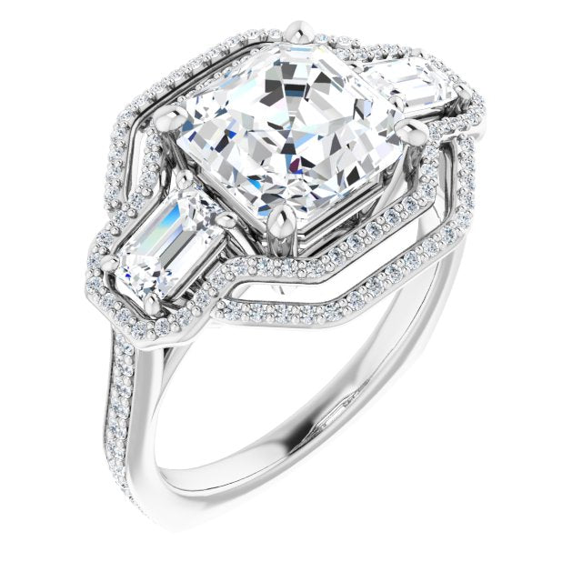 10K White Gold Customizable Enhanced 3-stone Style with Asscher Cut Center, Emerald Cut Accents, Double Halo and Thin Shared Prong Band