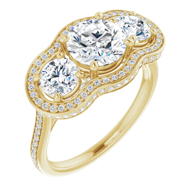 10K Yellow Gold Customizable 3-stone Round Cut Design with Multi-Halo Enhancement and 150+-stone Pavé Band