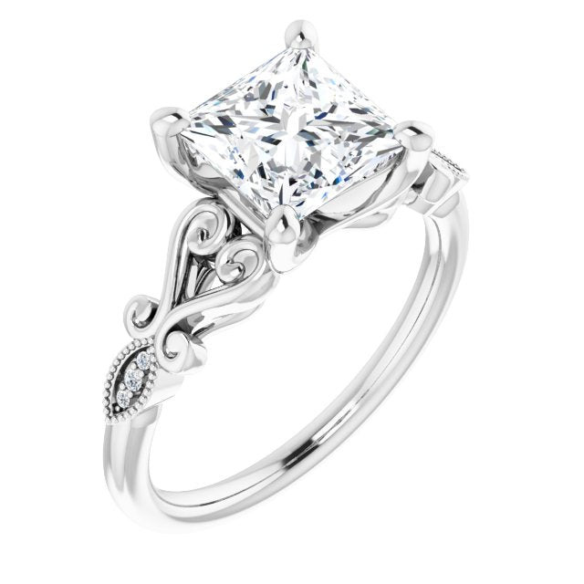 10K White Gold Customizable 7-stone Design with Princess/Square Cut Center Plus Sculptural Band and Filigree