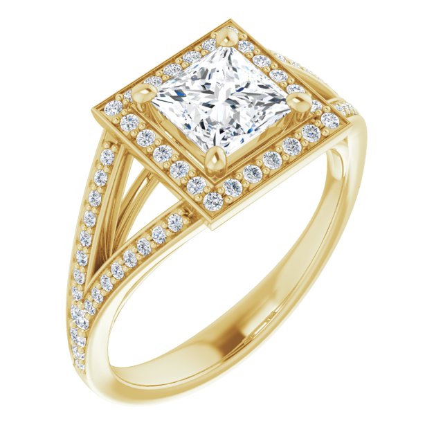 10K Yellow Gold Customizable Cathedral-Halo Princess/Square Cut Style featuring Split-Shared Prong Band