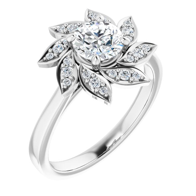 10K White Gold Customizable Round Cut Design with Artisan Floral Halo