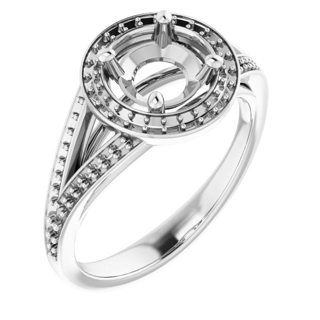 10K White Gold Customizable Cathedral-Halo Round Cut Style featuring Split-Shared Prong Band