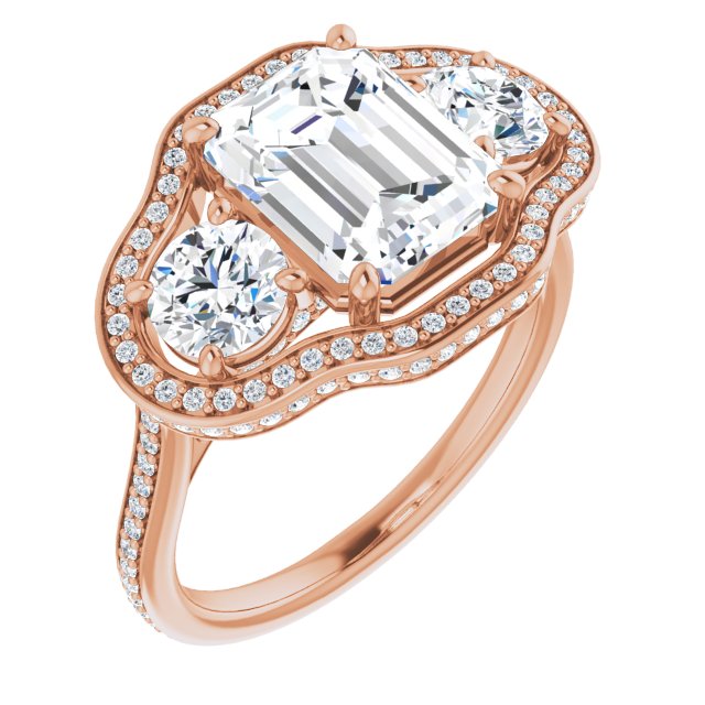 10K Rose Gold Customizable 3-stone Emerald/Radiant Cut Design with Multi-Halo Enhancement and 150+-stone Pavé Band
